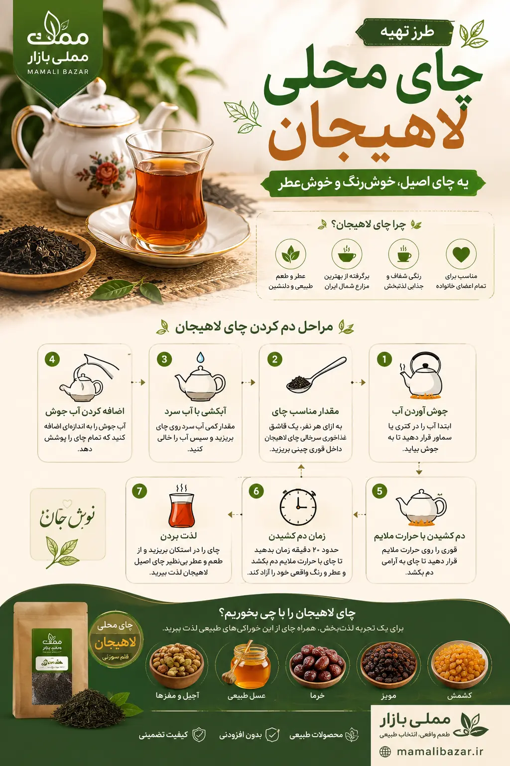 طرز دم کردن چای لاهیجان در قوری چینی با آب جوش و حرارت ملایم